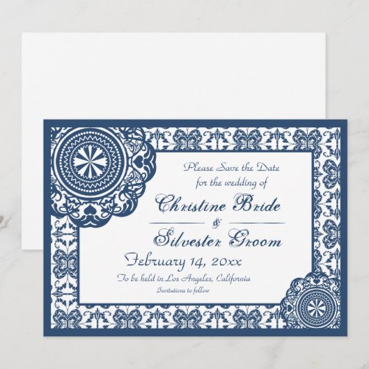 Arabesque Blue Lace, 5x7 save the date (Voorkant / Achterkant)