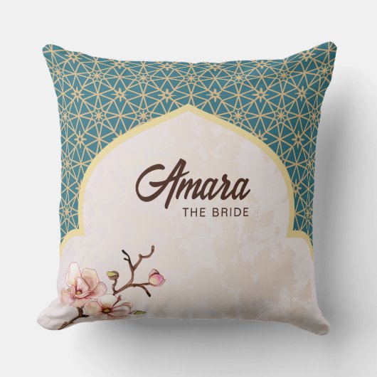 Arabesque Bruids Kussen – Diep Turkoois & Goud (Voorkant)