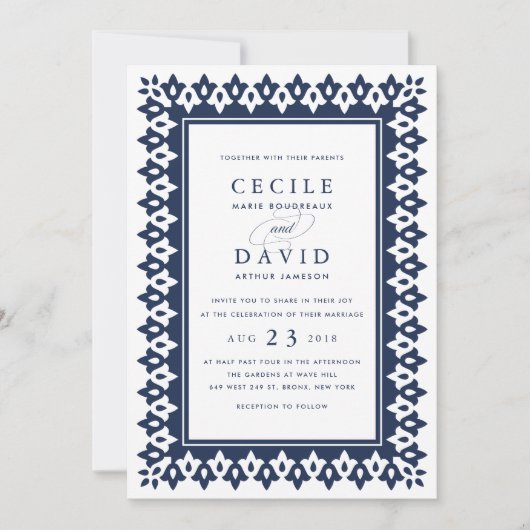 Arabesque bruiloft uitnodiging | Marineblauw (Voorkant)