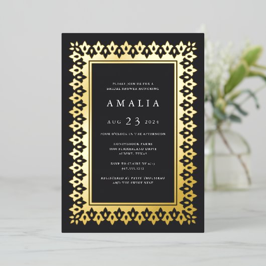 Arabesque | Elegant Glam Vrijgezellenfeest Gold Folie Uitnodiging (Staand Voorkant)