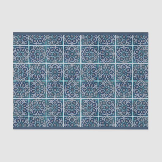 Arabesque Floral Blauwgroen Blue in White Tile Dec Tissuepapier (Voorkant)