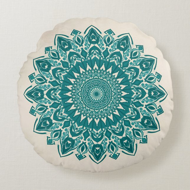 Arabesque Mandala Kussen – Blauwgroen geometrisch  (Voorkant)