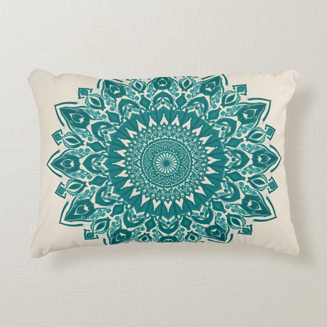 Arabesque Mandala Kussen – Blauwgroen geometrisch  (Voorkant)