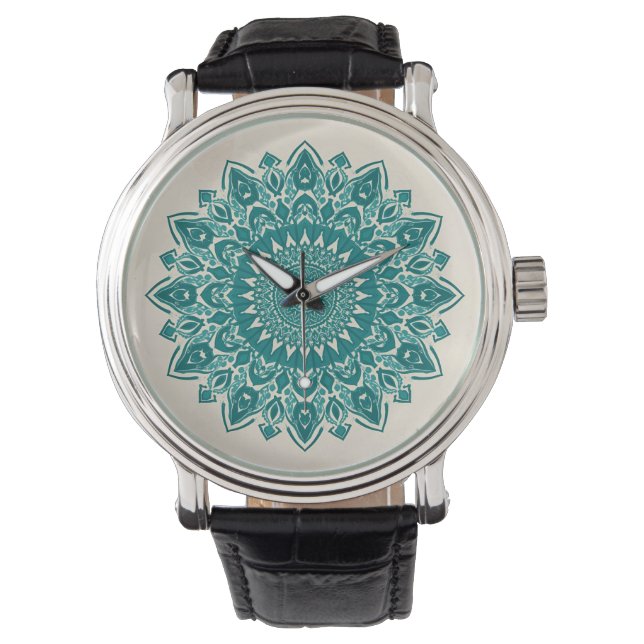 Arabesque Mandala wandklok – Blauwgroen geometrisc Horloge (Voorkant)