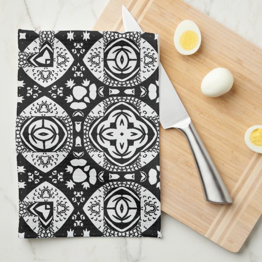 Arabesque Mosaic Tile Pattern Black and White Theedoek (Quarter Fold)