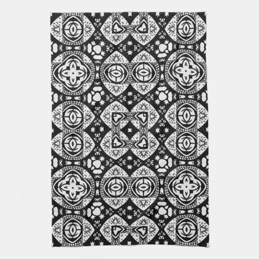 Arabesque Mosaic Tile Pattern Black and White Theedoek (Verticaal)