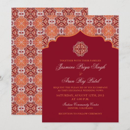 Arabesque Oranje Rode Indische bruiloft Kaart (Voorkant / Achterkant)