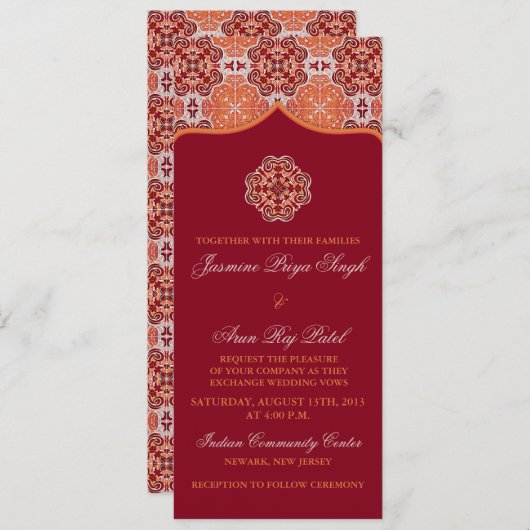 Arabesque Oranje Rood Indische bruiloft Lengte Kaart (Voorkant / Achterkant)
