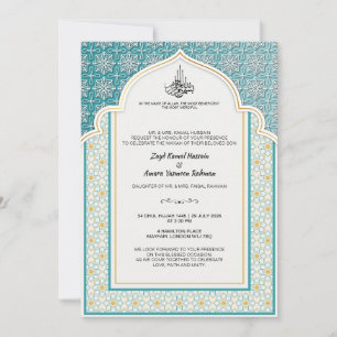 Arabesque Teal en Parelwitte Islamitische Bruiloft Kaart