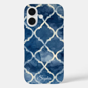Arabesque Trellis telefoonhoesje – Blue Waterverf iPhone 16 Hoesje