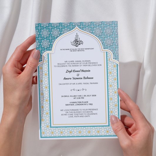 Arabesque Turquoise en Parelwitte Islamitische Bru Kaart