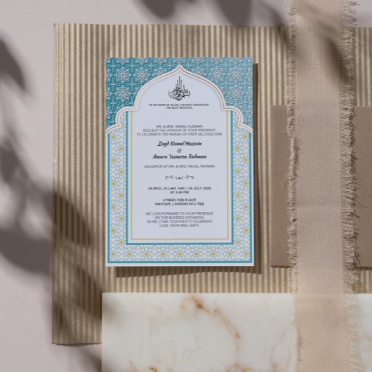 Arabesque Turquoise en Parelwitte Islamitische Bru Kaart