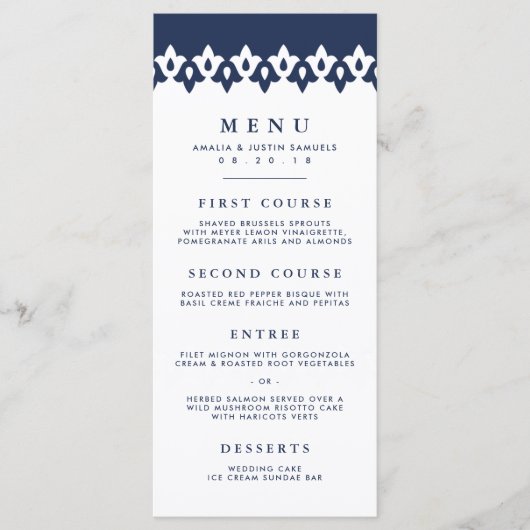 Arabesque Wedding Menu Kaart | Marineblauw (Voorkant)