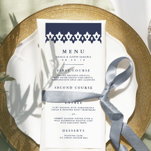 Arabesque Wedding Menu Kaart | Marineblauw