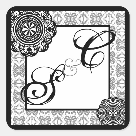 Arabesque Zwarte kant, monogram souvenir sticker (Voorkant)