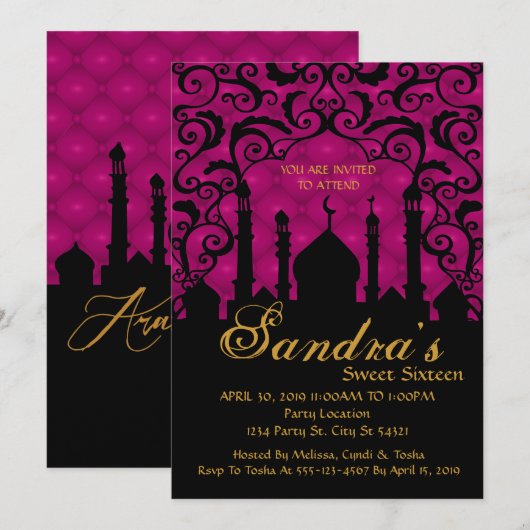Arabian Nights, Fuchsia en Zwarte Uitnodiging (Voorkant / Achterkant)