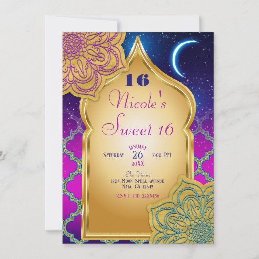 Arabian Nights Glam Gold Paarse verjaardagsfeest Kaart (Voorkant)