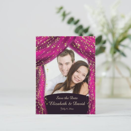 Arabian Nights Magenta & Gold Photo Save the Date Briefkaart (Staand voorkant)