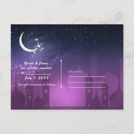 Arabian Nights Marokkaanse Paarse maanlicht Save D Aankondigingskaart (Achterkant)