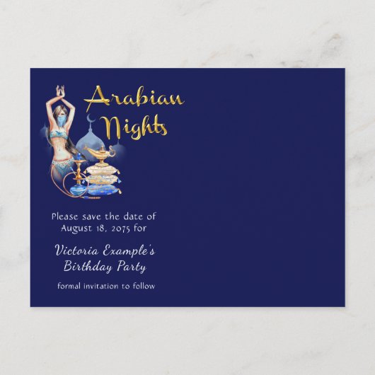 Arabian Nights Verjaardag Save the Date Briefkaart (Achterkant)