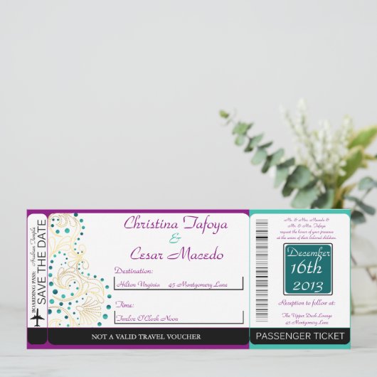 Arabian Paarse Boarding Pass huwelijksuitnodiging Kaart (Staand voorkant)