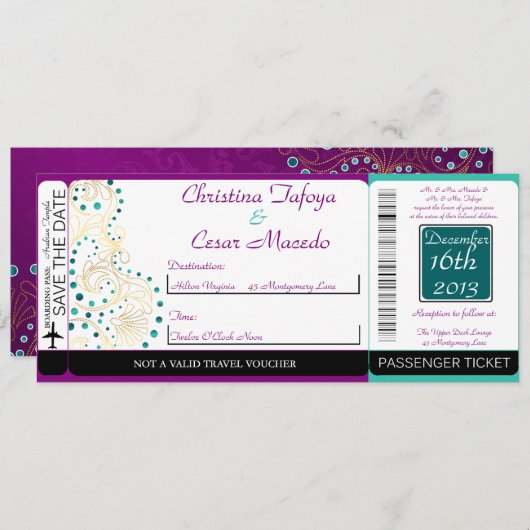 Arabian Paarse Boarding Pass huwelijksuitnodiging Kaart (Voorkant / Achterkant)