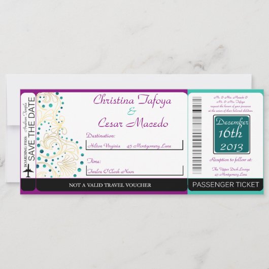 Arabian Paarse Boarding Pass huwelijksuitnodiging Kaart (Voorkant)