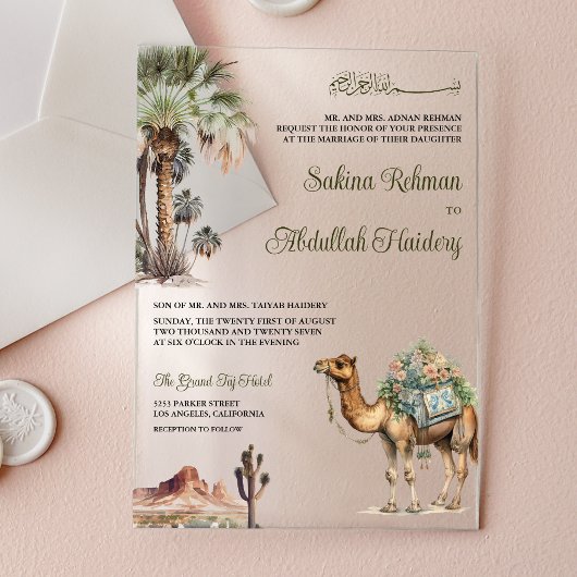Arabian Palm Desert Camel Muslim Wedding Acryl Uitnodigingen