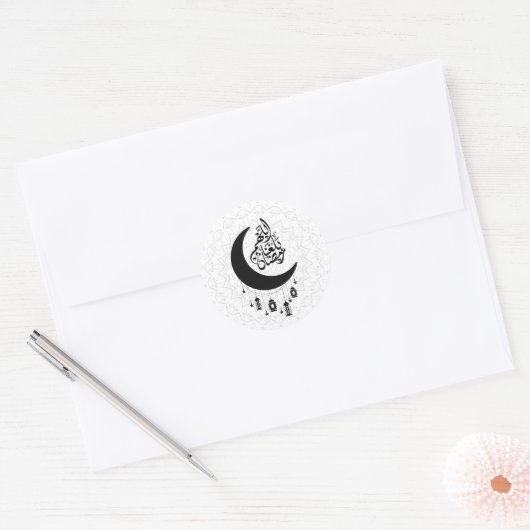 Arabic Diwani Calligraphy, Crescent Moon & Lantern Ronde Sticker (Envelop)