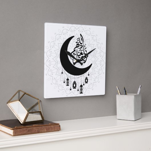 Arabic Diwani Calligraphy, Crescent Moon & Lantern Vierkante Klok (Kantoor)