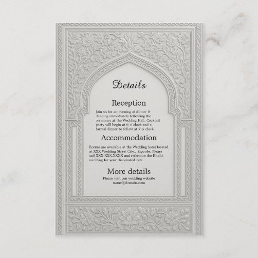 arabic Silver Embossed Floral Arch Wedding Informatiekaartje (Voorkant)