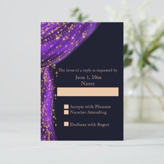 Arabiër Night Paars & Gold Wedding RSVP Kaartje (Staand voorkant)
