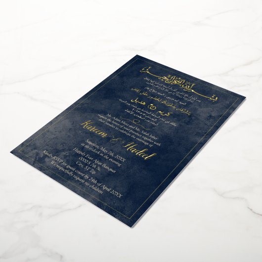 Arabisch & Engels Elegant Blauw en Goud Moslim Folie Uitnodiging (Gedraaid)