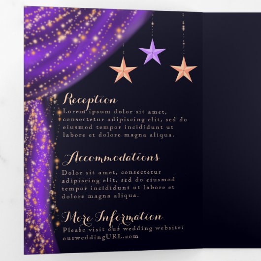 Arabisch Nacht Paars & goud in één bruiloft Drieluik Uitnodiging (Binnenzijde eerst)