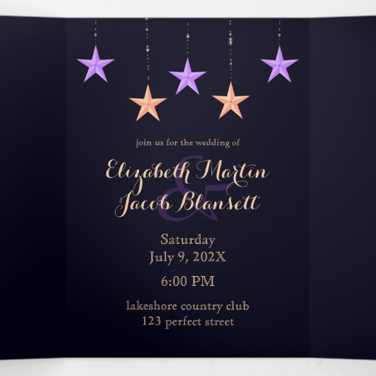 Arabisch Nacht Paars & goud in één bruiloft Drieluik Uitnodiging (Binnenkant midden)