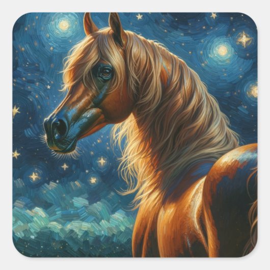 Arabisch Paard in Van Gogh Sterrennacht Vierkante Sticker (Voorkant)