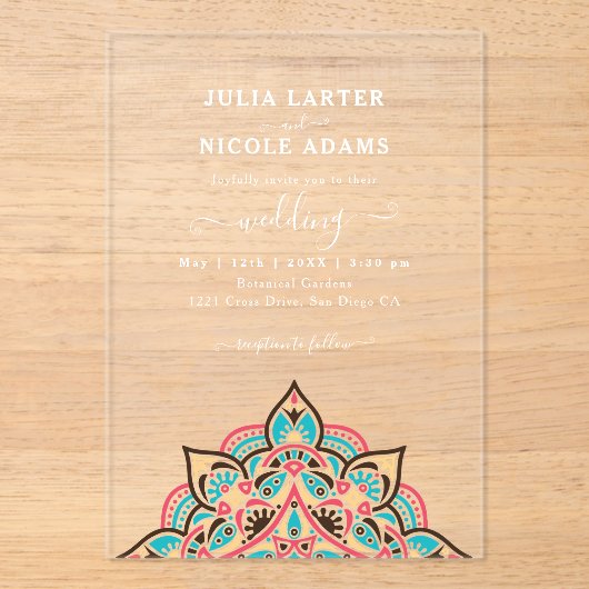 Arabische Art Nouveau Bloemenboog Mandala bruiloft Acryl Uitnodigingen (Voorkant)