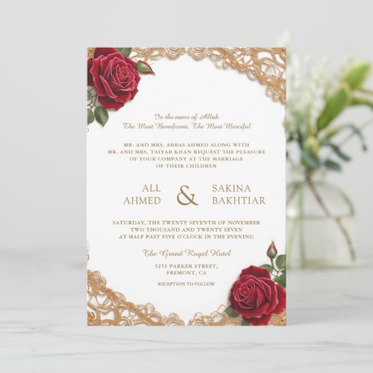 Arabische Rozen Goud Elegante Bloemontwerp Wedding Kaart (Staand voorkant)