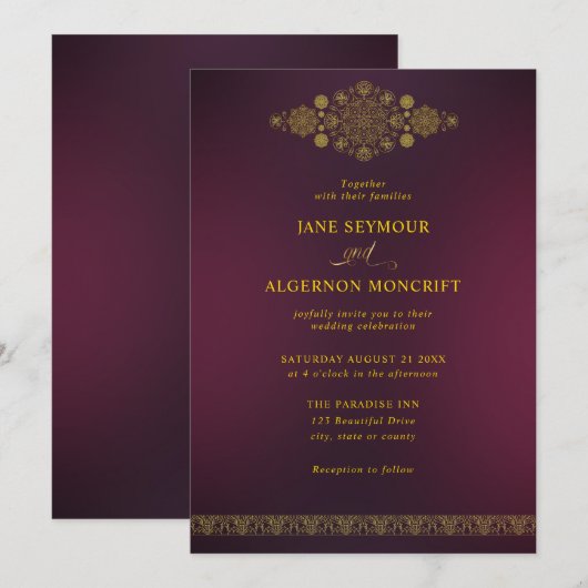 Arabische stijl huwelijksuitnodiging in goud en ka kaart (Voorkant / Achterkant)