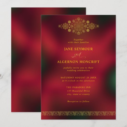 Arabische stijl huwelijksuitnodiging in goud en ro kaart (Voorkant / Achterkant)