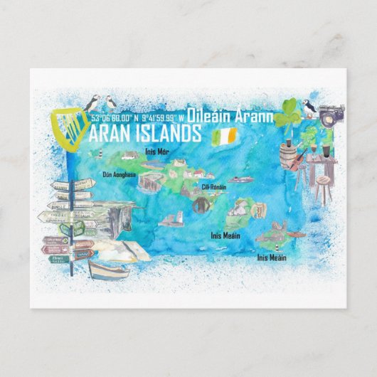 Aran Islands Ireland Illustrated Travel Map Briefkaart (Voorkant)