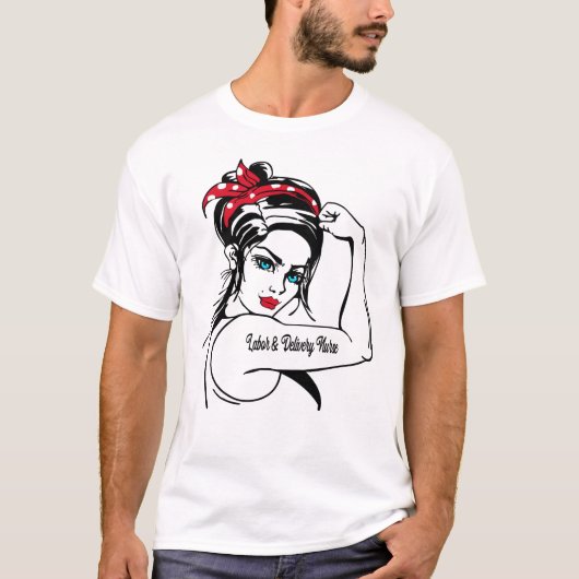 Arbeid en levering Zuster Rosie De Riveter omhoog T-shirt (Voorkant)