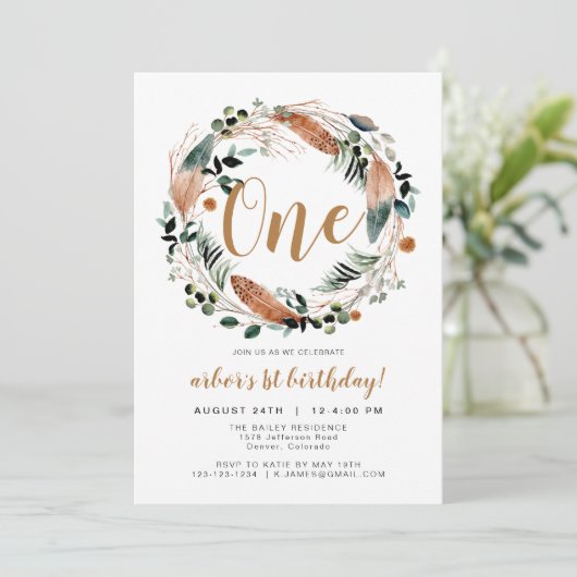 Arbor - Bohemian Feather Greenery Krans Verjaardag Kaart (Staand voorkant)