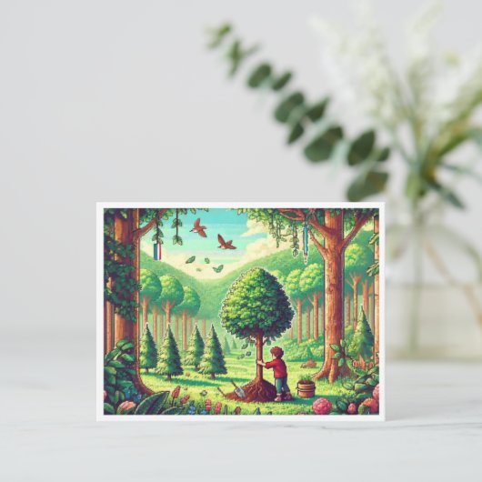 🌱 Arbor Day Pixel Art Briefkaart – Retro Natuur C (Staand voorkant)