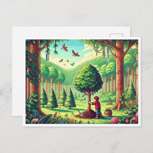 🌱 Arbor Day Pixel Art Briefkaart – Retro Natuur C (Voorkant / Achterkant)