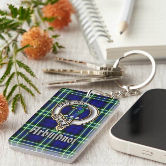 Arbuthnot Clan Badge/Tartan Rectangle Sleutelhanger (Voorkant Rechts)