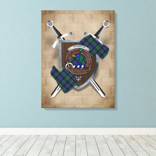 Arbuthnott Clan Badge Crossed Swords Canvas Print (Insitu (Houten vloer))