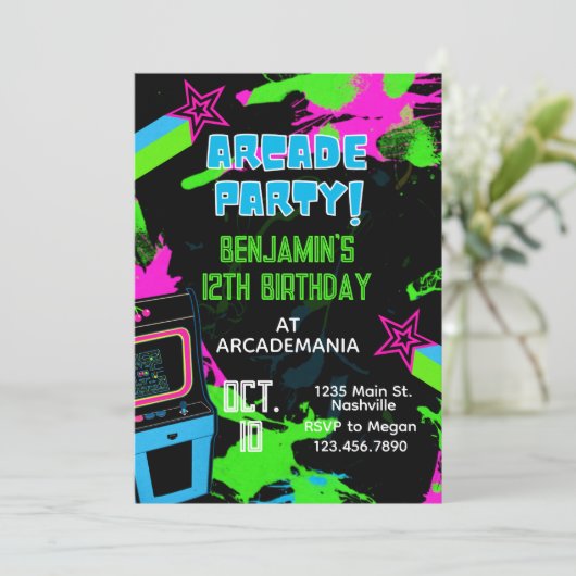 Arcade Birthday Gaming Party Glow Neon 80's Kaart (Staand voorkant)