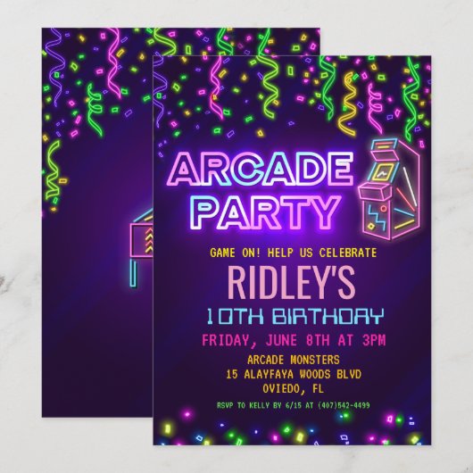 Arcade Feest Verjaardagsuitnodiging Kaart (Voorkant / Achterkant)
