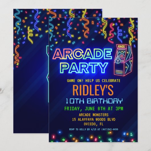Arcade Feest Verjaardagsuitnodiging Kaart (Voorkant / Achterkant)